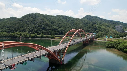 aerial view of suspension bridge over fuchun river in hangzhou photo