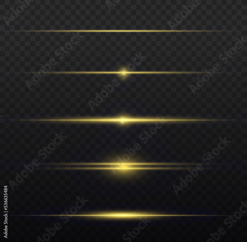 Flashes and glare of gold color. Golden horizontal lens flares pack  laser beams  light flare. Set of yellow line. Streaking warm color. Luminous abstract sparkling lined background. Vector