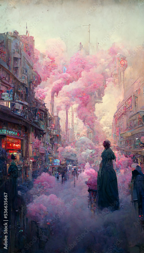 Fototapeta premium Cyberpunk future illustration in vintage painting style