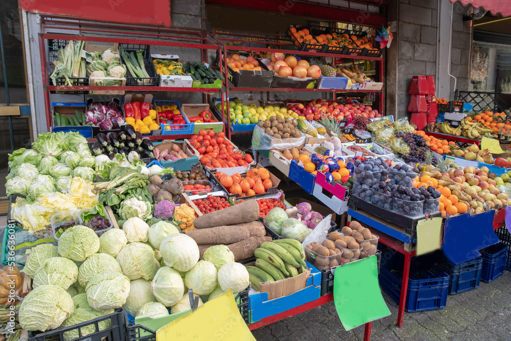 Vegetables and fruits in stall outdoors in Parma