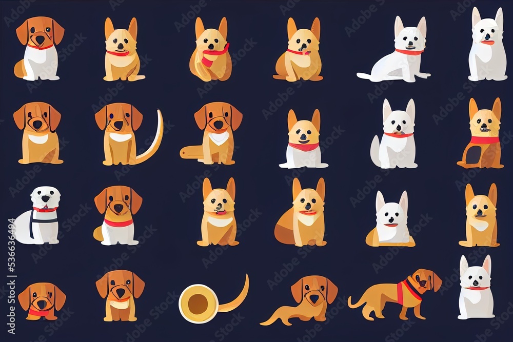 Obraz premium Cute dog set. Business, psychology concepts. Funny animal with hobby, work, life activities. Happy puppy and time management, fishing, playing. Flat 2d illustrations isolated on white background