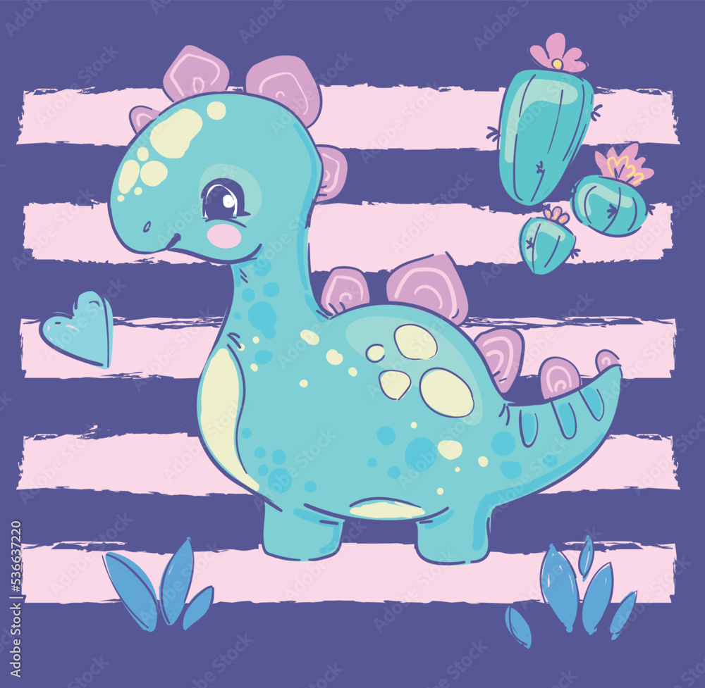 Cute Dinosaur girl hand drawn summer print for kids clothes, t-shirts Vector Illustration