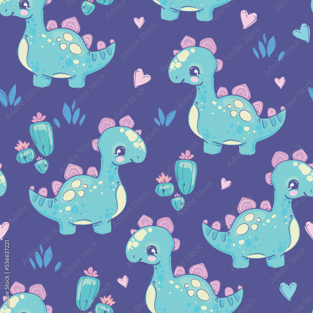 Cute little Dinosaur girl on the blue background seamless pattern summer print for kids fabric Vector Illustration Cute little Dinosaur girl on the blue background seamless pattern summer print for kids fabric Vector Illustration
