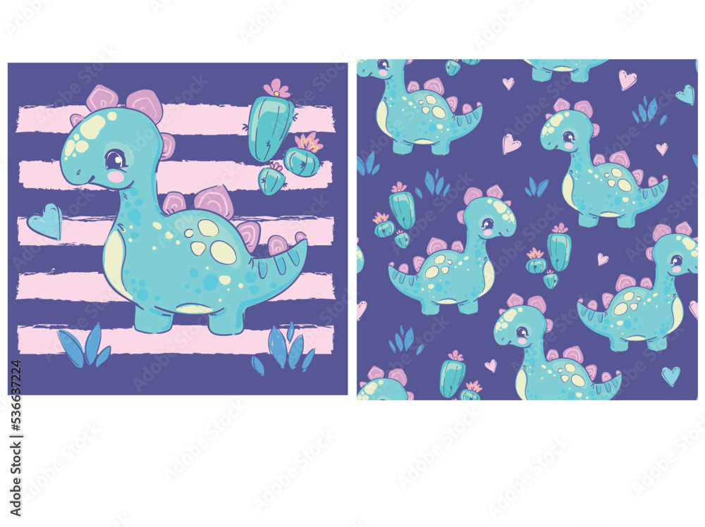 Cute Dinosaur girl on the blue background hand drawn summer print and seamless pattern for kids Vector Illustration Cute Dinosaur girl on the blue background hand drawn summer print and seamless pattern for kids Vector Illustration