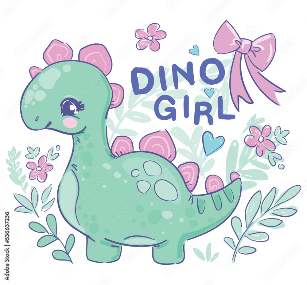 Cute Dinosaur girl and pink bow hand drawn summer kids print Vector Illustration