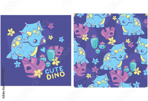 Cute little Dinosaur girl on the blue background hand drawn summer print for kids fabric Vector Illustration