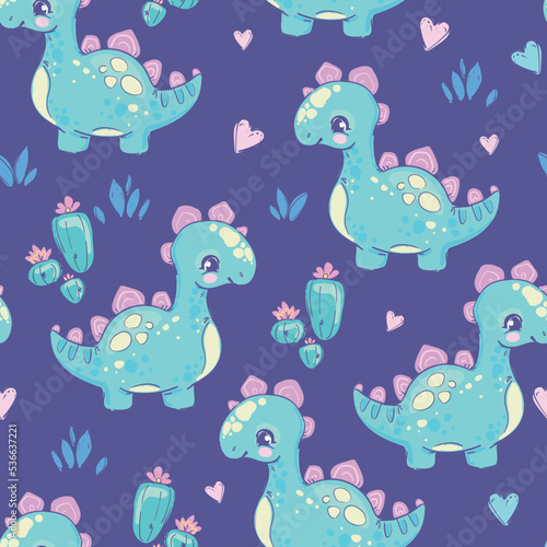 Fototapeta Naklejka Na Ścianę i Meble -  Cute little Dinosaur girl on the blue background seamless pattern summer print for kids fabric Vector Illustration