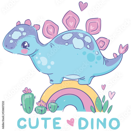 Hand drawn Blue Dinosaur girl little cute summer baby print handwritten phrase Have Fun Vector Illustration