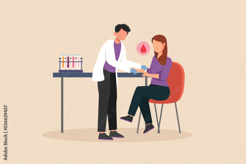 Male Nurse treats the patient's arm with alcohol cotton wool before taking blood from vein. Doctor and patient concept. Vector illustration. 