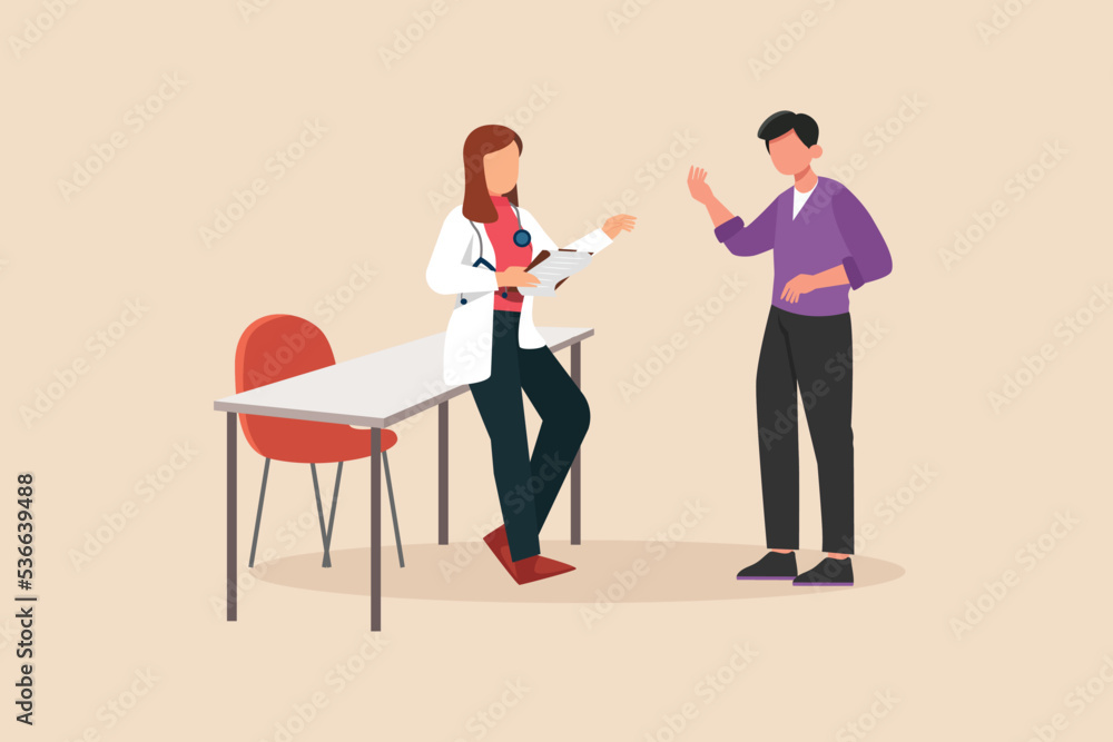 Female doctor with stethoscope explain medical history to sick patient. Doctor and patient concept. Vector illustration. 