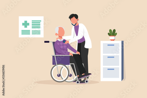 Grandfather with wheelchair checking by male doctor. Doctor and patient concept. Vector illustration. 