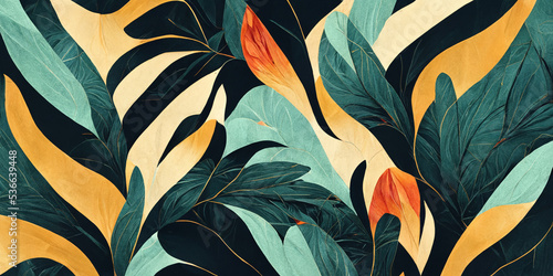 Modern exotic floral jungle pattern. Collage contemporary seamless pattern. Hand drawn cartoon style pattern. Generative AI