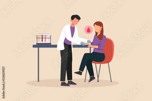 Male Nurse treats the patient's arm with alcohol cotton wool before taking blood from vein. Doctor and patient concept. Vector illustration. 