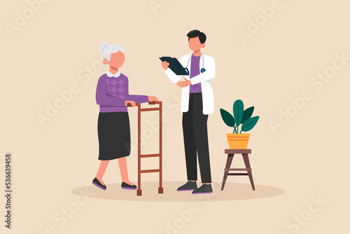 Male doctor explain diagnosis to elderly patient with a walker. Doctor and patient concept. Vector illustration. 