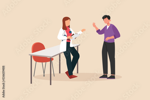 Female doctor with stethoscope explain medical history to sick patient. Doctor and patient concept. Vector illustration. 