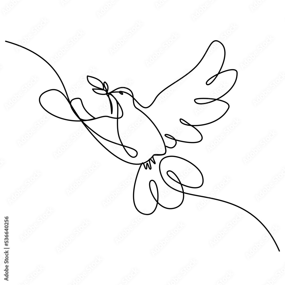 Fototapeta premium Dove with olive Branch One Continuous Line Drawing Bird symbol of Peace and Freedom Simple linear style. Editable stroke. Doodle vector illustration One Line Vector Illustration Isolated on a white 