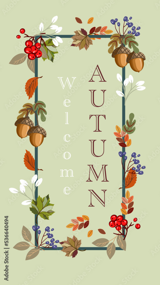custom made wallpaper toronto digitalAutumn and fall template or wallpaper, red berry, autumn leaves, maple, blue Berry and acorn are around with a square frame.