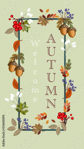 Wallpaper Mural Autumn and fall template or wallpaper, red berry, autumn leaves, maple, blue Berry and acorn are around with a square frame. Torontodigital.ca