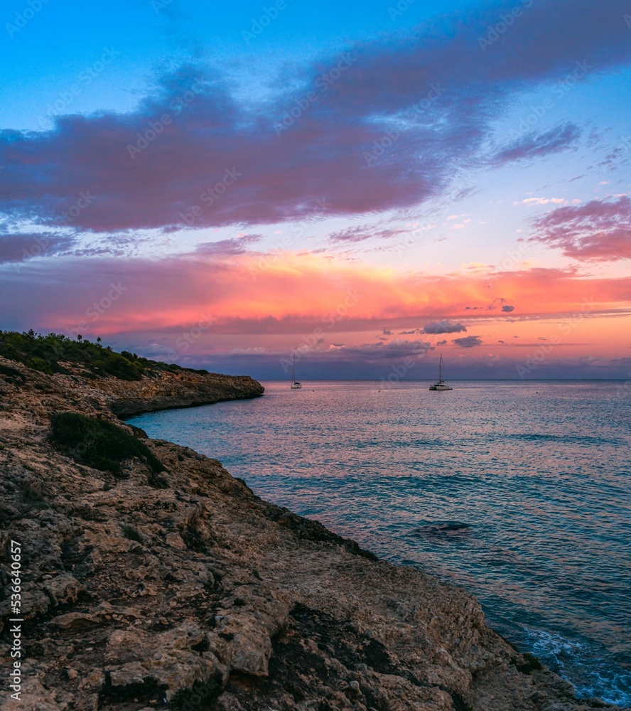 Sunset over Cala Mendia, Porto Cristo, Majorca, Spain, Europe