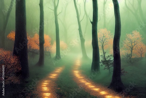 Path through a dark forest autumn fog at night 3d illustration