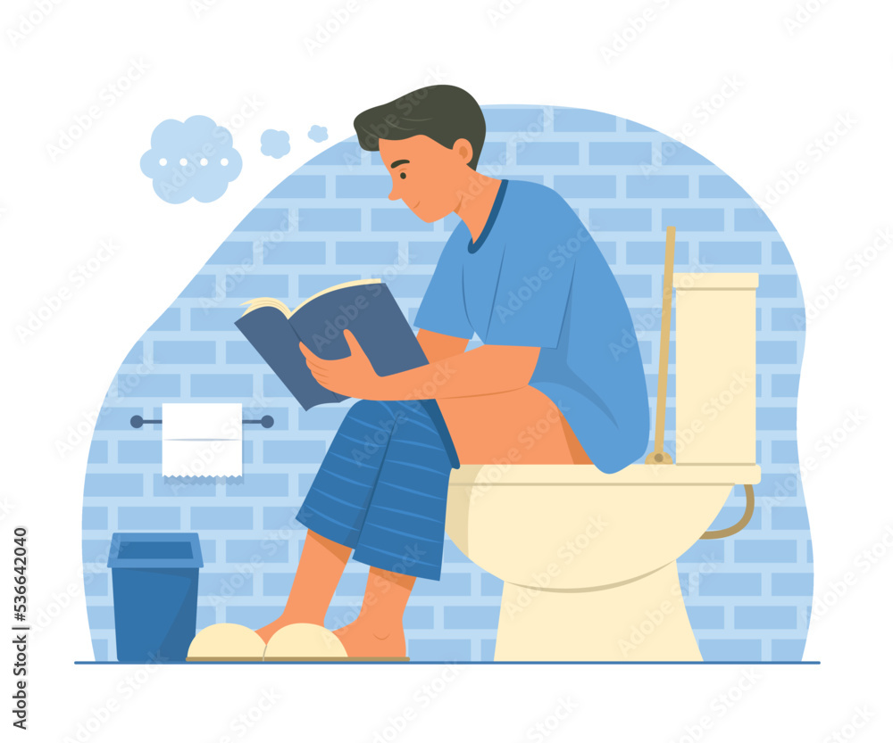 Man Sitting on Toilet Bowl and Reading Book