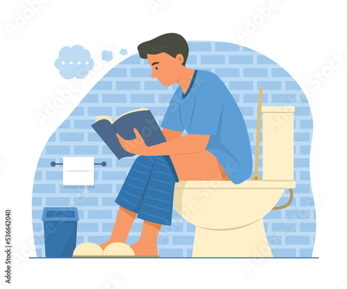 Man Sitting on Toilet Bowl and Reading Book