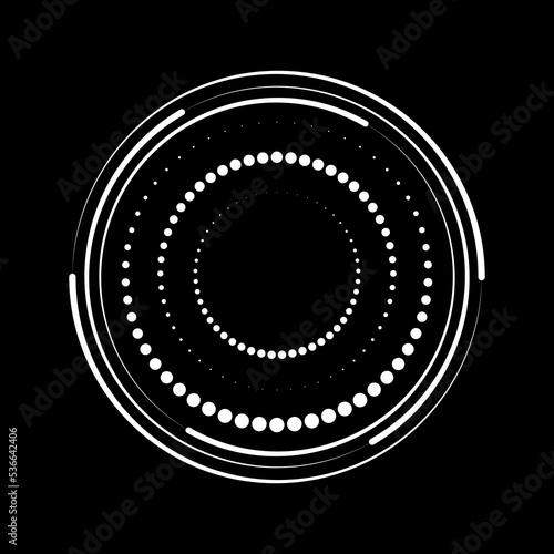 White halftone dots in circle form. Geometric art. Trendy design element for dotted frame, technology logo, tattoo, sign, symbol, web, prints, template, pattern and abstract background