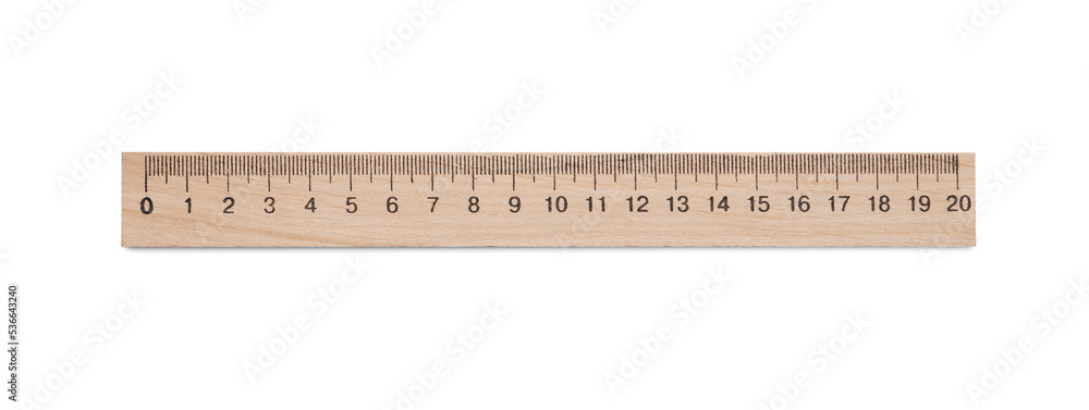 Wooden ruler with measuring length markings in centimeters isolated on white, top view Wooden ruler with measuring length markings in centimeters isolated on white, top view