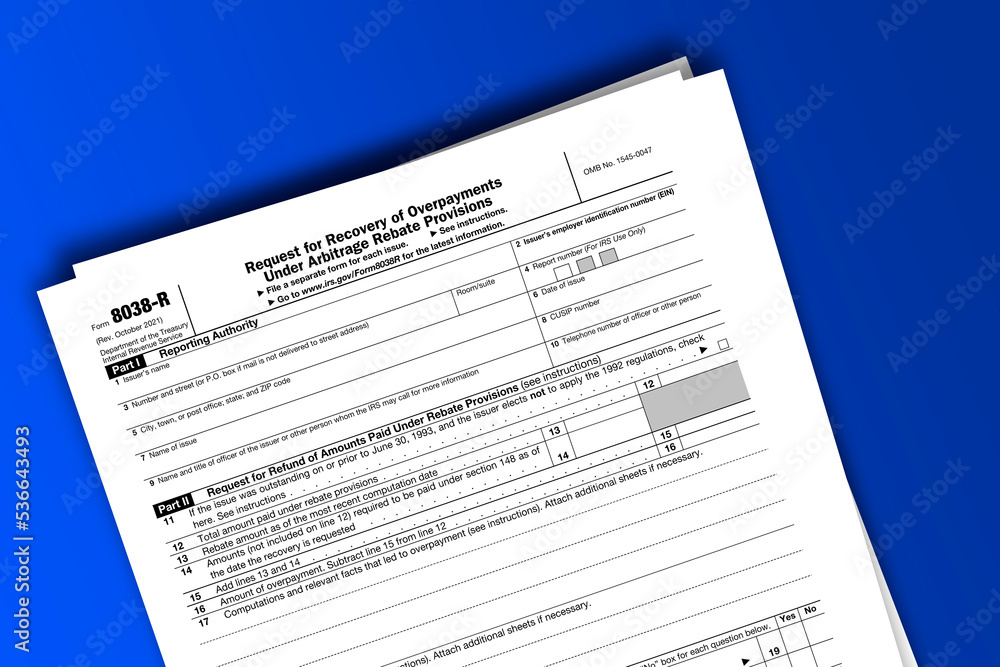 Form 8038-R documentation published IRS USA 10.14.2021. American tax document on colored Form 8038-R documentation published IRS USA 10.14.2021. American tax document on colored