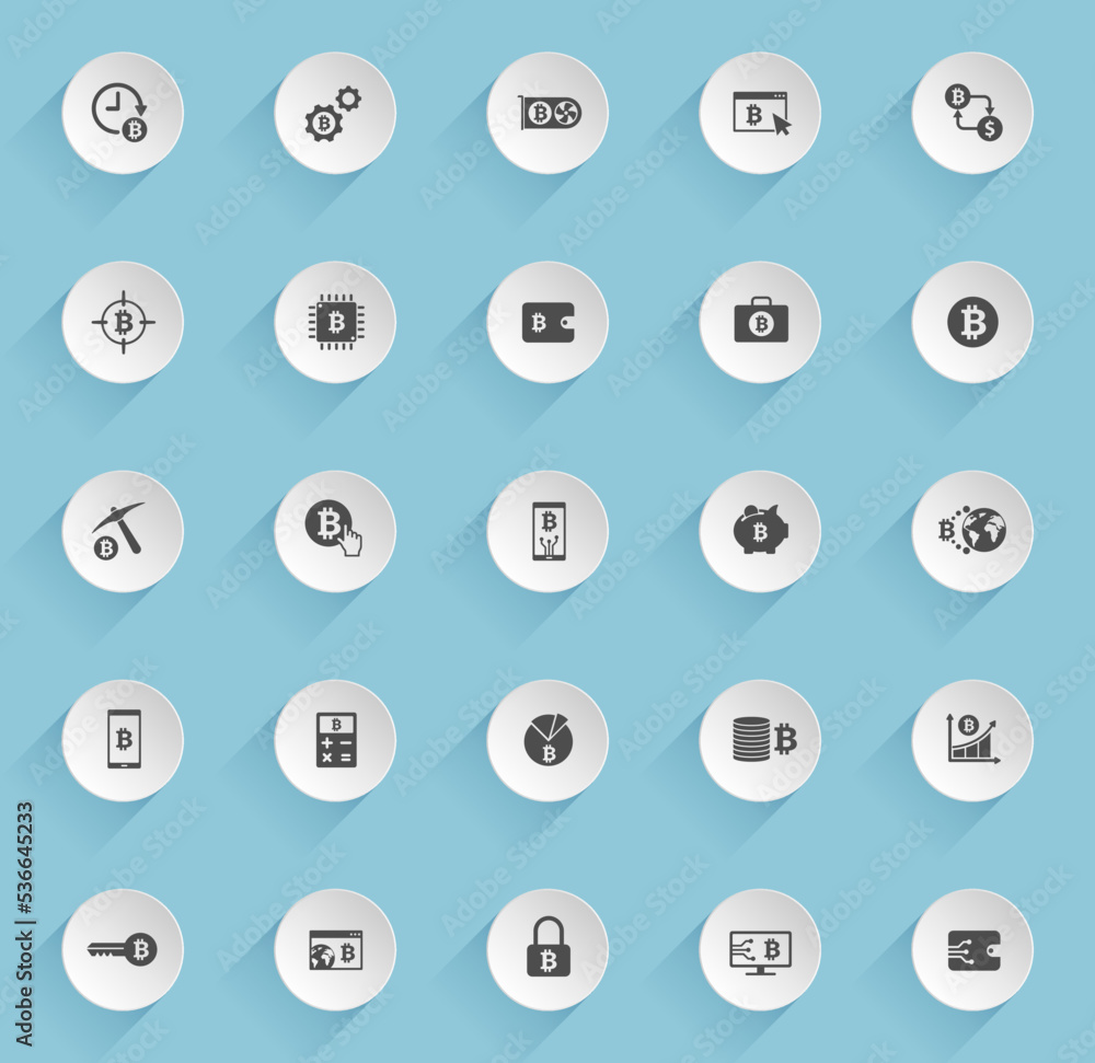 bitcoin vector icons on round puffy paper circles with transparent shadows on blue background. bitcoin stock vector icons for web, mobile and user interface design bitcoin vector icons on round puffy paper circles with transparent shadows on blue background. bitcoin stock vector icons for web, mobile and user interface design