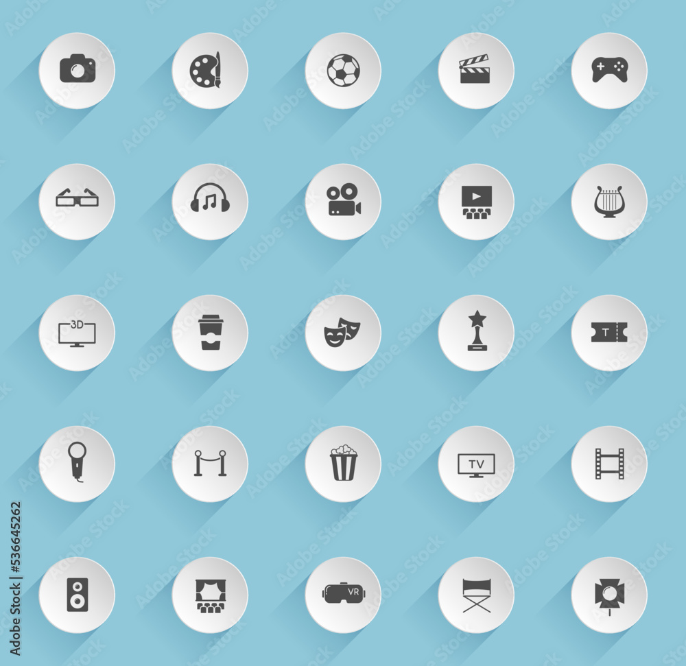 entertainment vector icons on round puffy paper circles with transparent shadows on blue background. entertainment stock vector icons for web, mobile and user interface design entertainment vector icons on round puffy paper circles with transparent shadows on blue background. entertainment stock vector icons for web, mobile and user interface design
