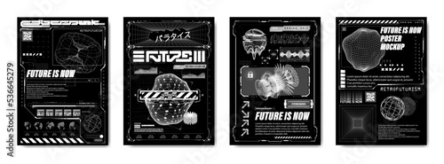 Black and white futuristic poster. Cyberpunk, retrofuturism, vaporwave concept. Sci-fi user interface with graphic geometric shapes. Translation from Japanese - future is now, cyberpunk. Vector poster