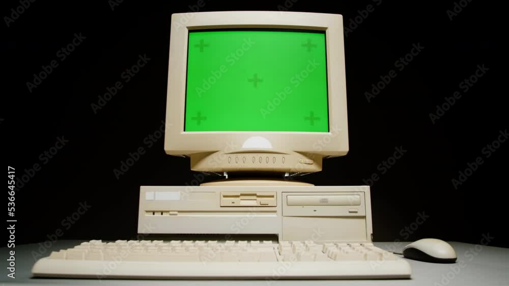 Retro pc with chroma key green screen, Old computer studio closeup