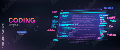 Web page banner, software development, application, platforms in different programming languages, site or page layout. Platform optimization, software development. 3D vector banner, program app coding photo