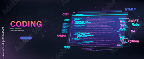 Web page banner, software development, application, platforms in different programming languages, site or page layout. Platform optimization, software development. 3D vector banner, program app coding