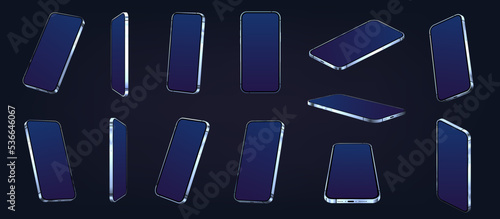 Mockup cellphones, 3D mobile phones in realistic style white blank screen. Blue gadgets with highlights in different positions and different angles. Smartphone 3D mockups, isometric, perspective set