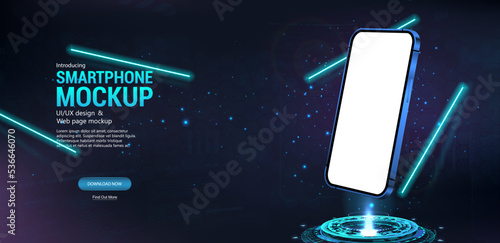 Futuristic banner 3D smartphone white hologram. Futuristic mobile phone with blank screen. 3D smartphone levitates on a hologram for presentation UI, GUI, APP. Vector HUD gadget. Mobile phone banner
