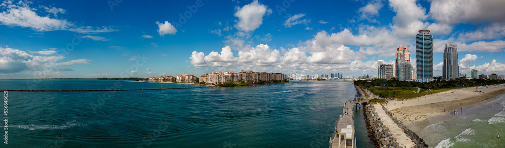 Aerial panorama Miami Beach Fisher Island Government Cut inlet