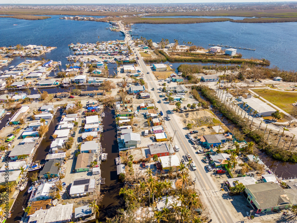 Aerial drone inspection photo Matlacha Florida Hurricane Ian aftermath