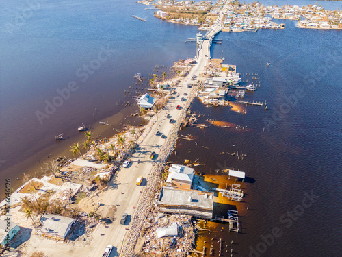 Aerial drone inspection photo Matlacha Florida Hurricane Ian aftermath damage and debris from flooding and storm surge photo