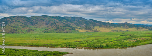 View of the Selenga River from Mount Omulevaya near the city of Ulan-Ude, Republic of Buryatia, Russia.
