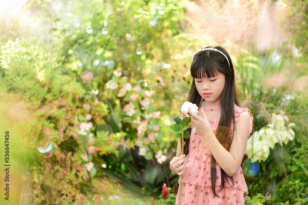 Romantic beauty girl holding rose in garden Romantic beauty girl holding rose in garden