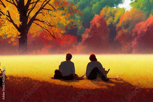 lovers sitting and playing guitar under the tree in autumn digital art style illustration painting photo