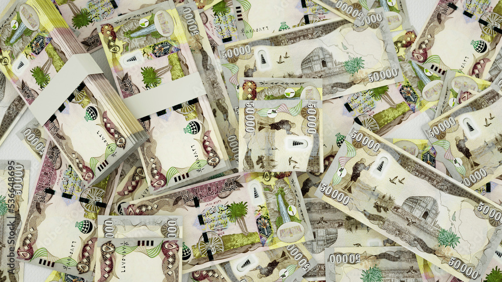 Fototapeta premium 3D rendering of Iraqi dinar notes spread on surface
