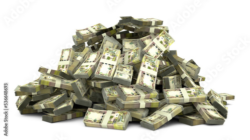 Big pile of Iraqi dinar notes a lot of money over white background. 3d rendering of bundles of cash