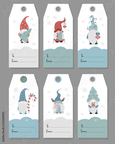 Christmas gift tags. Card labels with cute characters Scandinavian gnomes. Cute girl gnome with lollipop and male gnome Christmas tree. Vector illustration. Isolated vertical design templates.