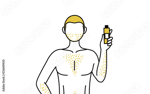 Line drawings of men suffering from thick body hair, holding a hair removal cream