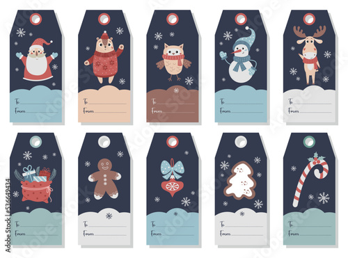 Collection Christmas gift tags. Card labels with cute with characters, animals, New Years decor gifts and gingerbread. Vector vertical design templates. Xmas and New 2023 Year celebration preparation.