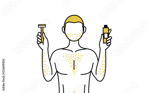 Line drawings of men suffering from thick body hair, holding a razor blade and hair removal cream