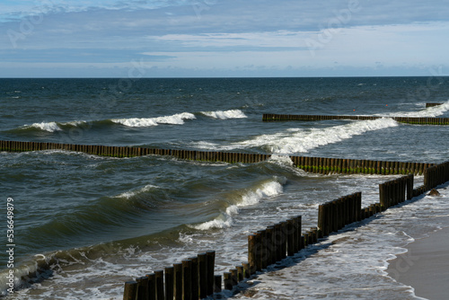 View of the Baltic Sea and wooden breakwaters of the city beach on a summer day  Svetlogorsk  Kaliningrad region  Russia